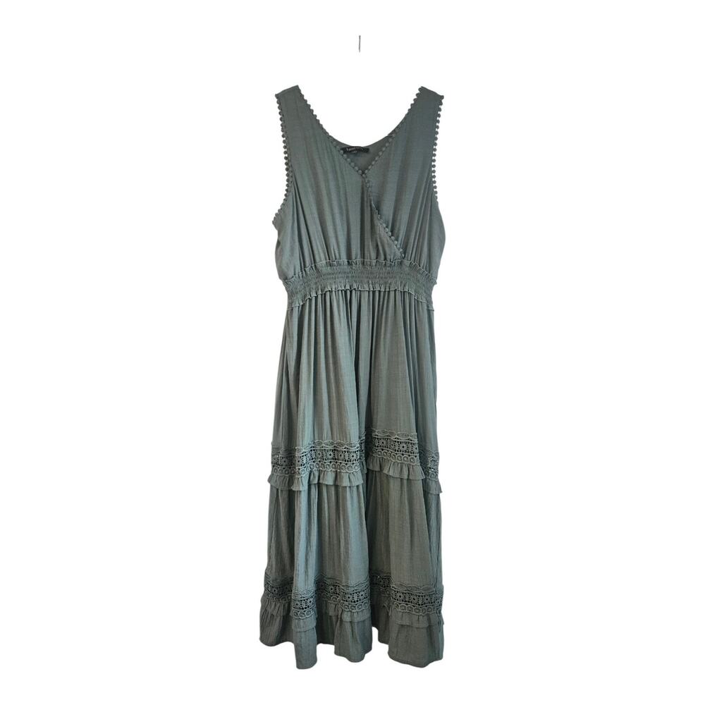 Laurel Grey Dress Size M Sleeveless V-Neck Green Tiered Lined Smocked